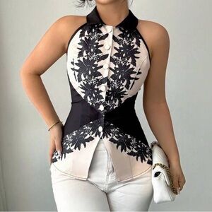 Elegant Black and White Lace Halter Top